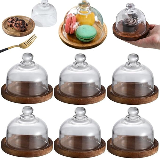 Charcuterie Snow Globes, Glass Cake Stand with Dome, Wood Cake Stands with Lid, Mini Clear Glass Display Candy Domes, Snow Globe Container for Cheese Snacks and Holiday Table Decor(Retro*6)