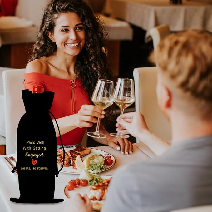Black Engaged Wine Bag Engagement Gifts for Women Men Bride Couples Future Mrs Newlywed Engaged Wedding Bridal Shower Wedding Party Decorations Wine Bottle Bags