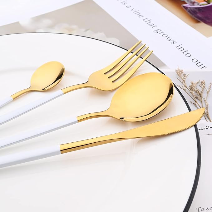 40 Pcs Silverware Set With Teaspoon For 10, Food Grade Stainless Steel Utensils Tableware Set, Elegant & Simple Flatware Serving Set Include Knife Fork Spoon, Mirror (White Gold)