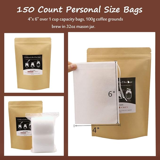 No Mess Cold Brew Coffee Filters - 150 Count Single Use Filter Bags Disposable Fine Mesh Brewing Bags for Concentrate, Iced Coffee Maker, French/Cold Press Kit, Hot Tea in Mason Jar or Pitcher 4"x 6"