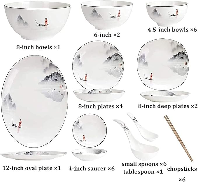 ☆Dinnerware Sets for 4/6/12,Black and White Plates Bowls Set,Chinese Dinner Set,Dish Set/Tableware Ancient Ink Painting Design-For Home,Kitchen Dinning,35 Pieces, size