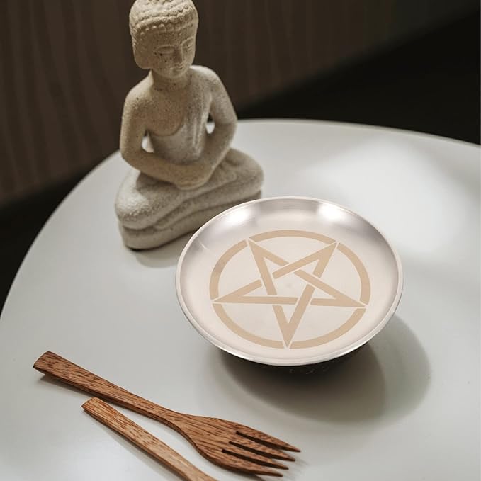 Pentagram Altar Ritual Plate Dish Flat Bowl Burning Candle Holder Offering Fruit Tray Metal Jewelry Tray Food Snack Dish Decorative Platter for Smudging Silver