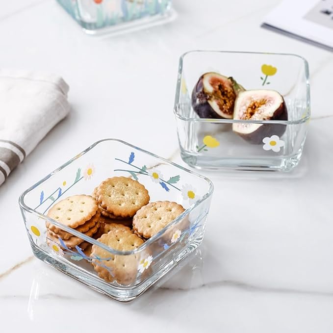 Ivymei Small Dessert Bowl Floral Candy Bowl Candy Dish,Mini Square Glass Bowl for Snack Yourt Icecream,Dipping,Side Dishes (white)