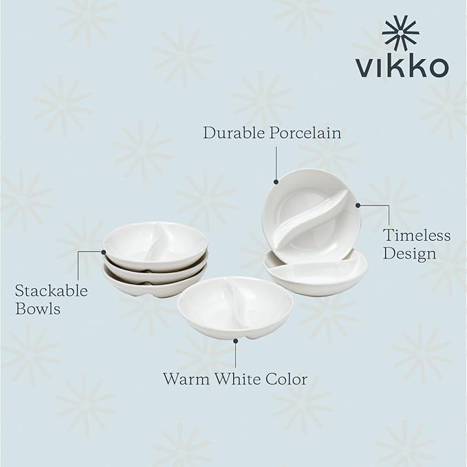 Vikko Mini White Sectional Dish, Set of 6 Porcelain Dipping Sauce Bowls, Small Serving Dish for Condiments, Stackable Round Spice Bowls