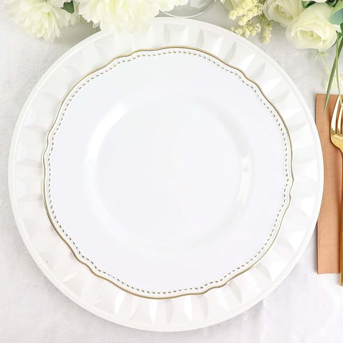 Efavormart 6 Pack | 13" White Round Bejeweled Rim Plastic Dinner Serving Trays, Disposable Charger Plates