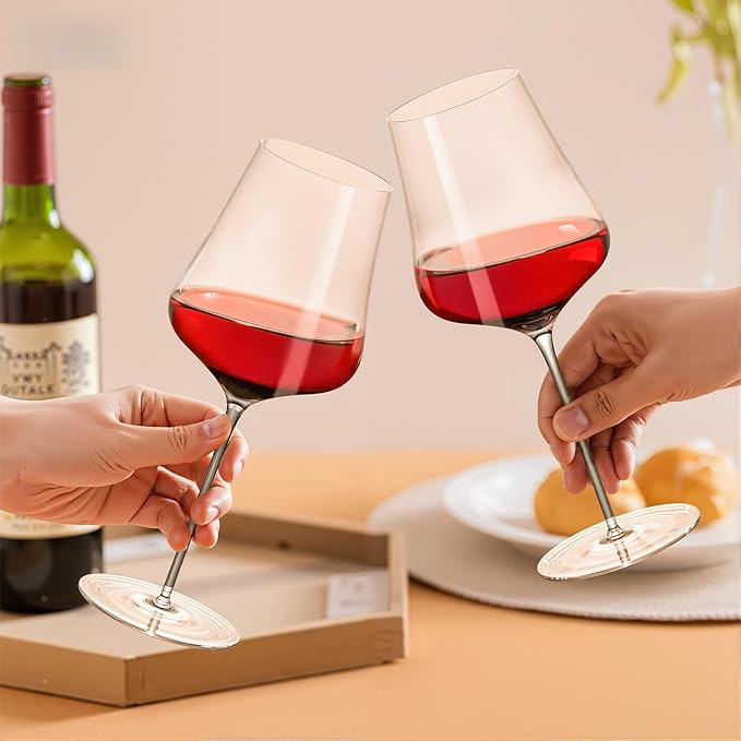 KAMMAK Wine Glasses Set of 2, 16.23 oz Hand Blown Crystal Bordeaux Wine Glasses, Thin Rim & Long Stem, Perfect for Red & White, Daily Use, Wedding or Birthday Gift with Gift Box, 05