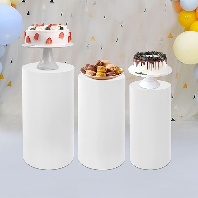 Flower Cylindrical Display Stands 3Pcs Cylinder Cake Pedestal Stands White Round Table Display Rack for Wedding Birthday Party