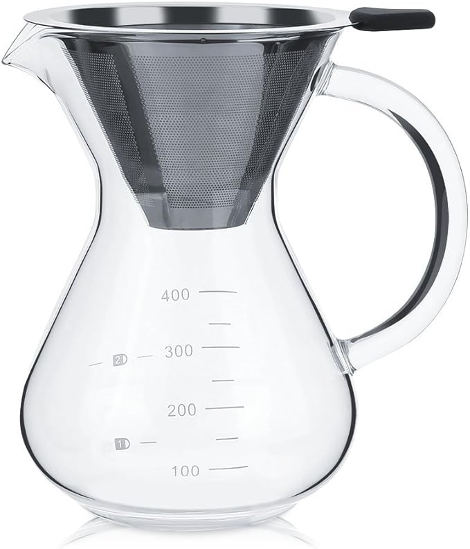 Pour Over Coffee Maker, 13oz Borosilicate Glass Brewer with Permanent Stainless Steel Filter - Complete Dripper Set for 1-2 Cups, Ideal for Home, Camping & Cafe Use