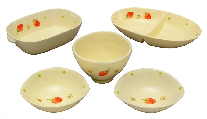 Kiln Original SOUSEN Medium Plate, White, Set in Box, Seto Ware Tableware Gift Set, Fruit (Strawberry) Pattern, 5 Pieces