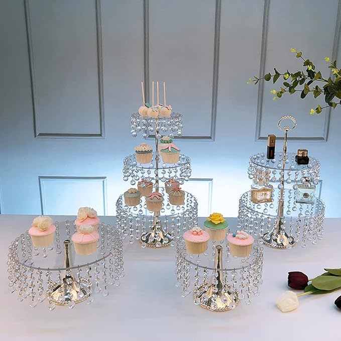 4PCS Mirror Crystal Wedding Cake Stand Set for Dessert Display, Crystal Beaded Cupcake Holder Plate with Chains Silver/Gold for Party Decoration (Clear Round 4PCS)