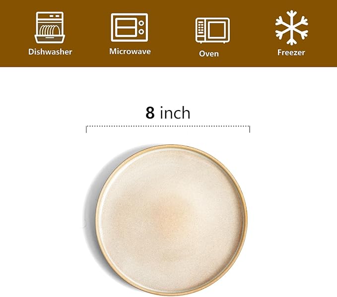 vicrays Ceramic Salad Plates Set - Porcelain 8 Inch Flat Dessert Appetizer Plate for Lunch Home Party Restaurant - Scratch Resistant Microwave Oven and Dishwasher Safe - Set of 6 (Beige)