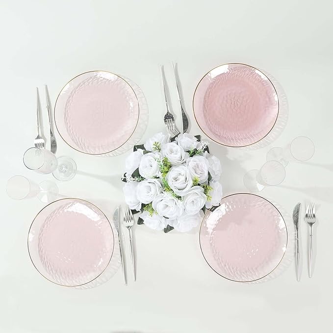 Efavormart 10 Pack | Transparent Blush Hammered 9" Round Plastic Dessert Appetizer Plates With Gold Rim, Disposable Salad Party Plate