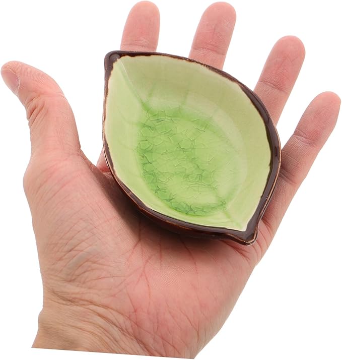 PRETYZOOM 4pcs Leaf Shape Ceramic Appetizer Plates Stylish Porcelain Dipping Bowls for Sauces Snacks and Seasonings Elegant Ice Crackle Glaze Design Yellow Lake Blue and Green