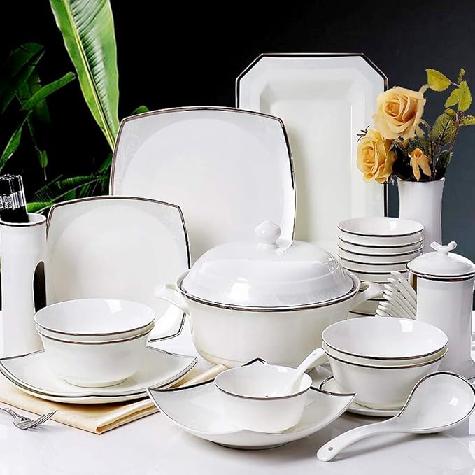 Elegant Fine Dinnerware Set,White Porcelain Dinnerware Set, Ceramic Plates and Bowls Sets, Vintage Lounge Round Dishes Set Dinner Plates for Kitchen Dining, Service for 10