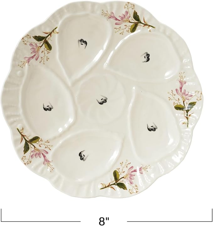 Creative Co-Op Scalloped Stoneware Oyster Plate with Floral Design, Cream