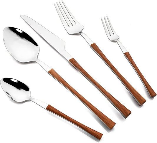 JASHII 30pcs Stainless Steel Imitation Wood Handle Cutlery Flatware Set,Tableware Knife Cake Fork Spoons Dinnerware Set Party Kitchen Silverware for 6, Mirror Polished - Brown&Silver