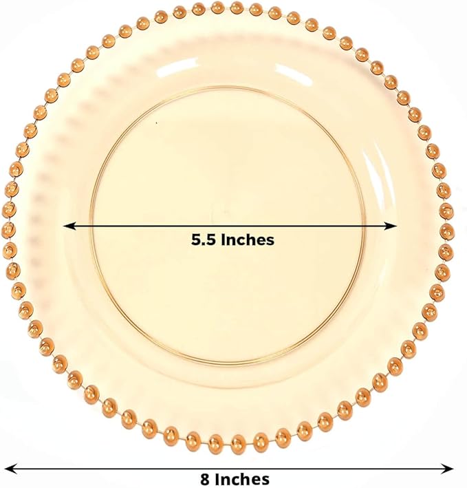 8" Salad Plates - Set of 10 - Plastic Amber Round Disposable Dessert Appetizer Plate with Beaded Rim, Ideal for Dinner Party Wedding Bulk Events