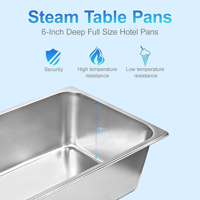 6 Pack Full Size Steam Table Pans,Stainless Steel Hotel Pan,1/1 6 Inch Deep Anti Jam Commercial Table Pan,20.8" L x 13" W Catering Pans Food Pans for Hotels, Restaurants and Home Use
