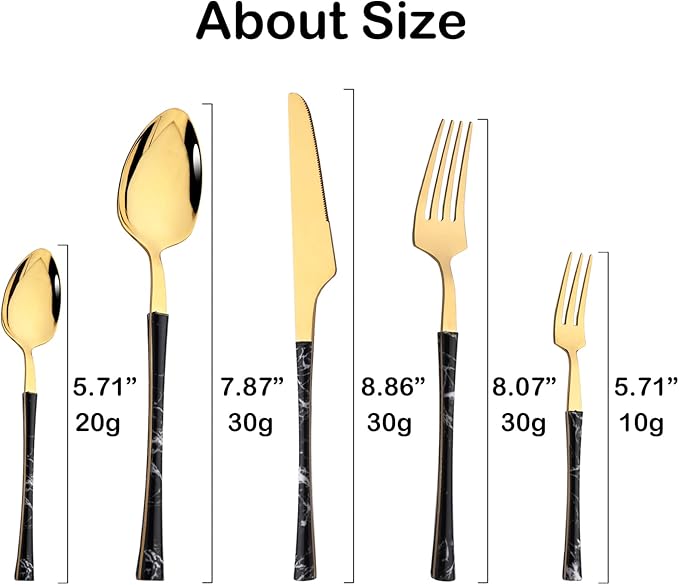 JASHII 30pcs Stainless Steel Imitation Marble Handle Cutlery Flatware Set,Tableware Knife Cake Fork Spoons Dinnerware Set Party Kitchen Silverware for 6, Mirror Polished - Black&Gold