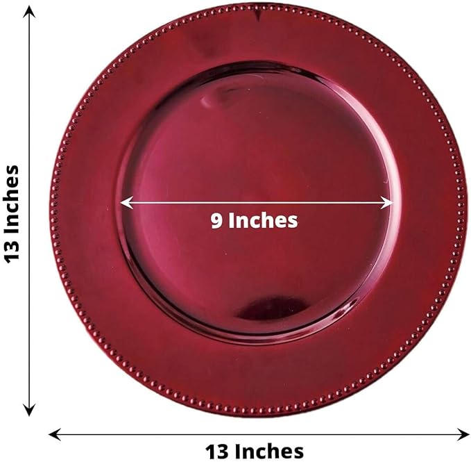 13" Charger Plates -Set of 12 - Acrylic Burgundy Round Beaded Disposable Chargers, Ideal for Dinner Party Wedding Bulk Events Tabletop Decoration