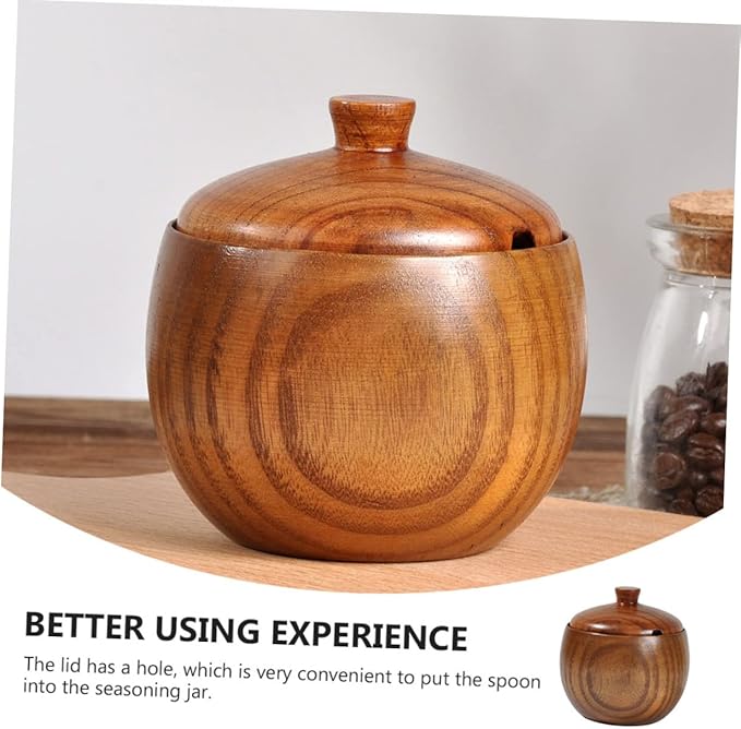 Zerodeko Solid Wood Seasoning Jar with Spoon Wooden Spice Jar with Lid Kitchen Condiment Holder for Table Ceramic Food Container for Salt Truffle and Spices