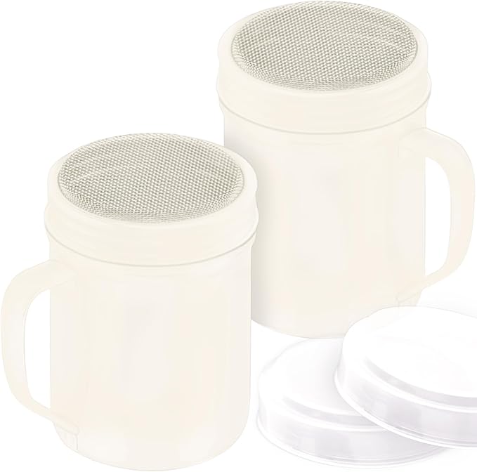 CUSINIUM 6 Ounce Ivory Powder Sugar Shaker With Handle - Fine Mesh - With Plastic Cap - Pack of 2