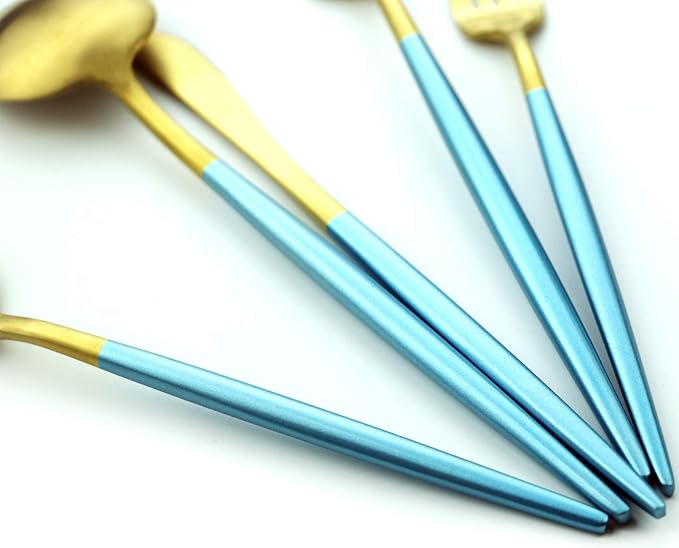 Gugrida 20 Pieces Matte Gold Blue Handle 18/10 Stainless Steel Silverware Set, Flatware Set Titanium Black Cutlery Set, Utensils Set for Home Restaurant Service Set for 4, Dishwasher Safe (Blue Gold)