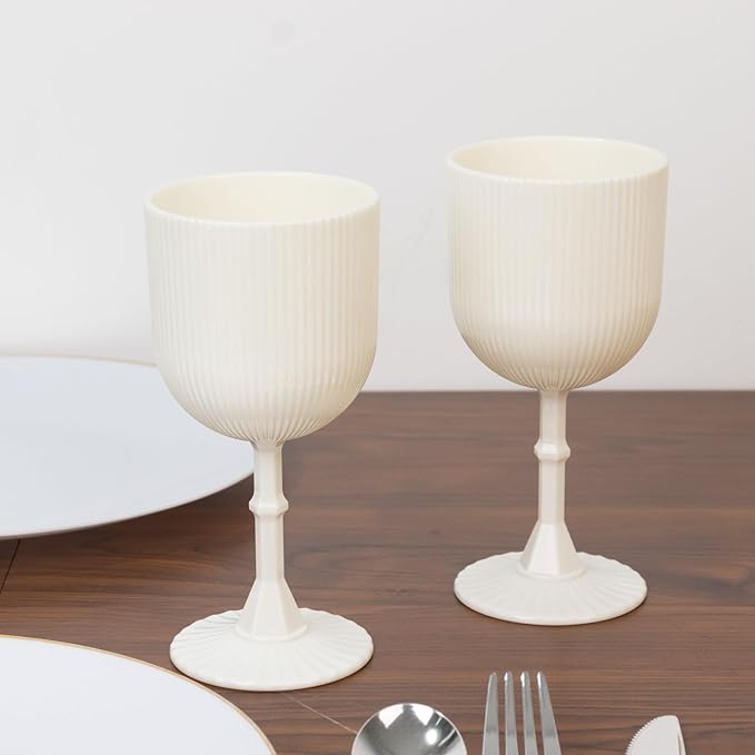 TCF Linen 12 Pack White Plastic Wine Goblets, 9oz Ribbed Reusable Shatterproof Drinkware for Weddings Parties Catering Cocktails and Desserts Cups
