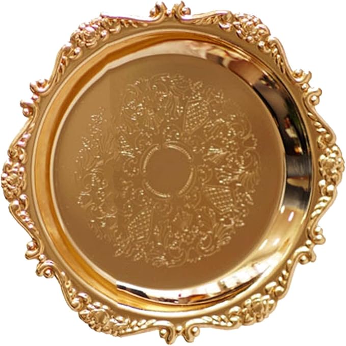 Round Fruit Plate, Metal Food Serving Tray Vintage Round Fruits Serving Platter Plates, Fruit Tray Dessert Cake Decorative Disk for Cakes, Desserts, and Baked Goods Wedding Party(Golden)