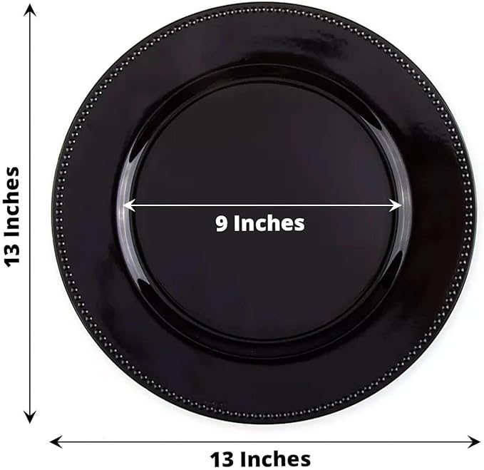13" Charger Plates -Set of 12 - Acrylic Black Round Beaded Disposable Chargers, Ideal for Dinner Party Wedding Bulk Events Tabletop Decoration