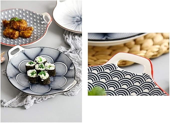 Ceramic Cutlery Salad Bowl Ceramic Double Handle Snack Plate Appetizer Plate Sushi Plate Underglaze Color Disc Universal Sauce Plate Fruit Plate Small Bowl (Color : A)