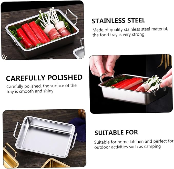 VILLCASE Stainless Steel Food Serving Tray with Handles Small Multi-Purpose Vegetable Plate Rustproof Silver Platter for Snacks Fruits and Roasted Dishes Easy-Clean Kitchen Tray