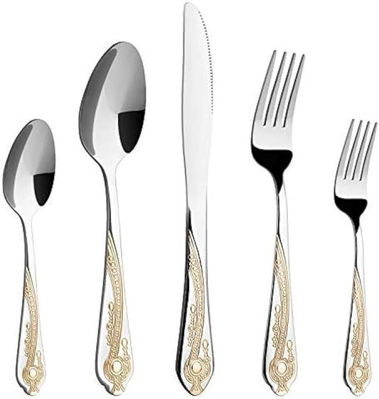 Gold Silverware Set, 20 Piece Stainless Steel Golden Flatware Set for 4, Silver Tableware Set with 24K Gold-Plated Trim, Eating Utensils, Great for Family Gatherings & Daily Use(Prestige)