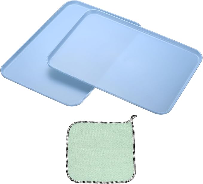 PATIKIL 15x10.6 Plastic Tray, 2 Pack Rectangular Plates Food Tray Wheat Plates Dishes Reusable Dessert Plate Trays with Cloth for Cake Fruits Salad Cupcake Steak Serving Blue