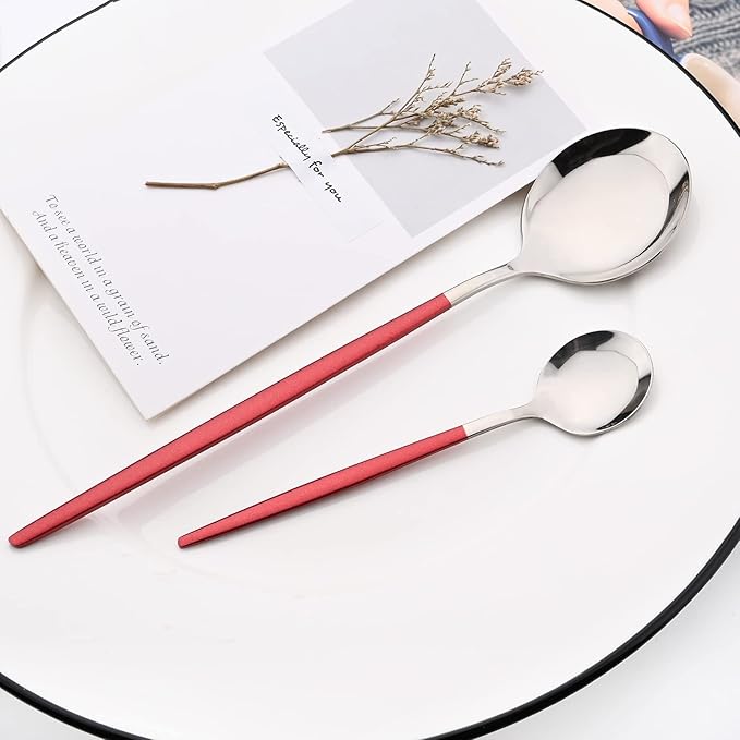 40 Pcs Silverware Set With Teaspoon For 10, Food Grade Stainless Steel Utensils Tableware Set, Elegant & Simple Flatware Serving Set Include Knife Fork Spoon, Mirror (Red Silver)