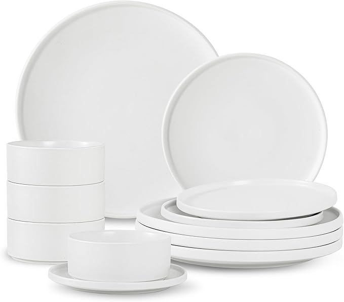 12 Piece Ceramic Dinnerware Set for 4, Modern Minimalist Stoneware Dinner Plates and Bowls, Microwave Safe, Dishwasher Safe, Versatile for All Seasons, Matte White