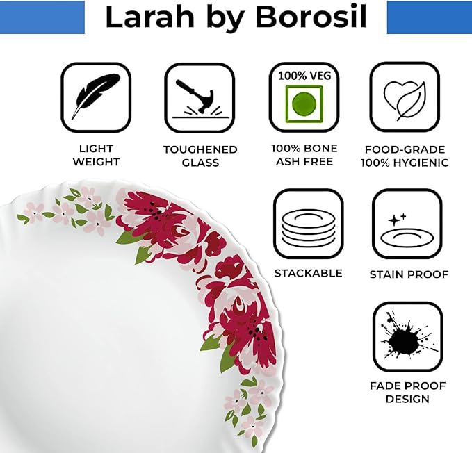 Borosil Gourmet Dinnerware Set For 6, 35 Pieces, White Dinner Plates and Bowls, Chip Resistant Tempered Opal Glass, Stain Resistant, Dishwasher & Microwave Safe Dinner Set For Gifting, Serves 6