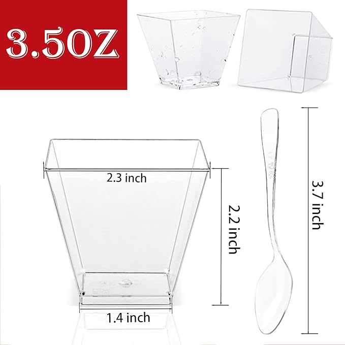 50 Pack 3.5 oz Plastic Dessert Cups with Spoons, Mini Square Parfait Appetizer Cups, Reusable Small Shooter Cup, Clear Serving Bowls for Tasting Party Samples Dessert Shot Glasses