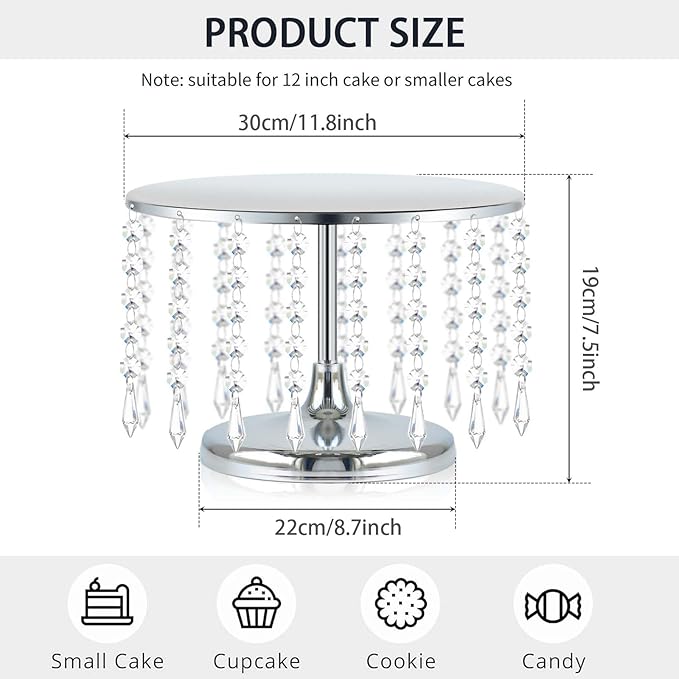 2 Pcs Silver Metal Mirror Cake Stand Set with Crystal Pendants - 11.8"W Elegant Dessert Table Display for Weddings, Birthday Parties, Baby Showers, Events - Sturdy Crystal Bling Cupcake Stands for Pastries, Sweets, Decorations