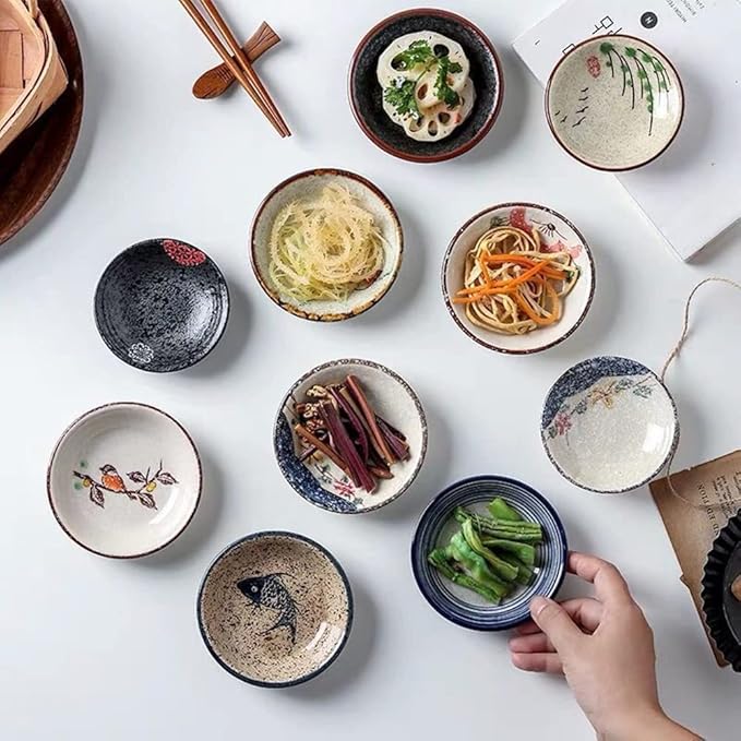 Japanese Retro Ceramic Side Dishes Set of 6, Ceramic Dip Bowls Appetizer Plates, 3.8 Inch Seasoning Dish for Ketchup, Sushi, Snack, Sauce, Dessert
