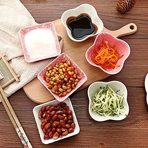 Ceramic Flower Shaped Sauce Dish Sushi Dipping Bowl Appetizer Plates Porcelain Serving Dish Seasoning Dishes,Plum blossom Set of 4 (Pink-Rect)