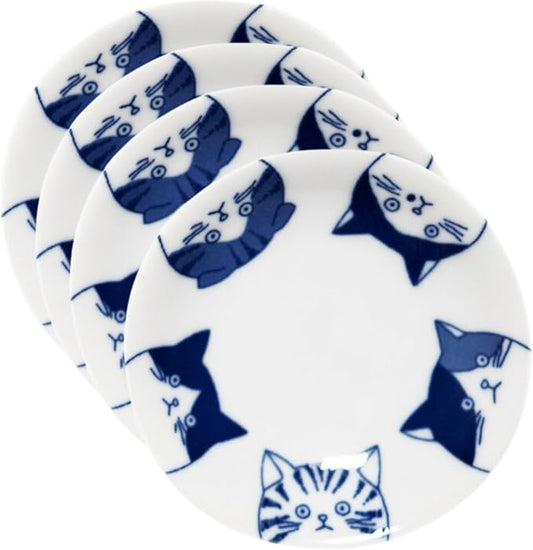 Japanese Cat Design Ceramic Small Plates - Set of 4 - Great for Sushi, Dips, & Desserts, Cat Quintet
