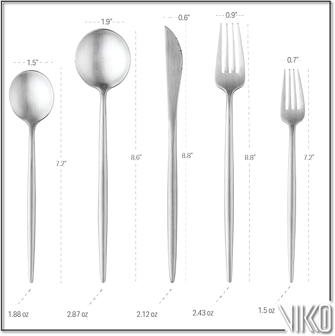Vikko Decor Modern Silverware Set, Brushed Silver Flatware Set, 18/10 Stainless Steel, Elegant Long Handled Cutlery, Satin Matte Silverware for Upscale Dining, 20 Pc Set, Service for Four(4)