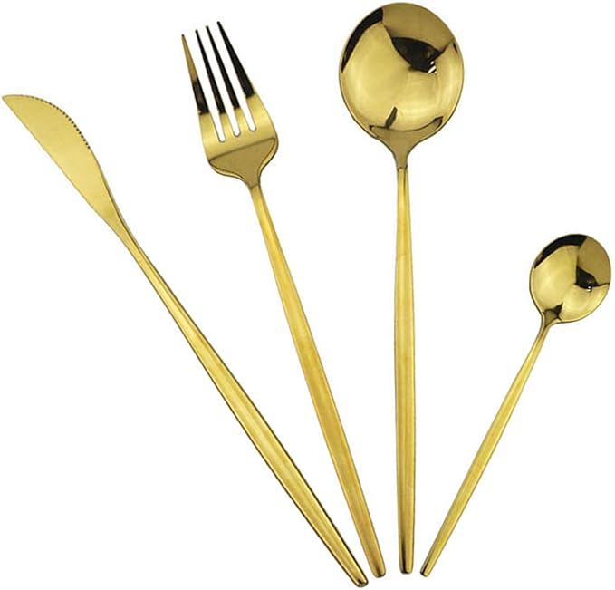 JASHII 24 Piece Titanium Gold Plated Stainless Steel Flatware Set, 24 Pieces Golden Silverware Set, Golden Cutlery Set, Service for 6 (Shiny Gold)