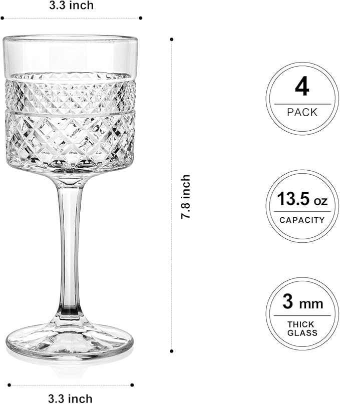 Wine Glasses Set of 4, 13.5oz Crystal Wine Glasses, Lead-Free Square Wine Glass with Long Stem, Wine Gifts for Wedding Birthday