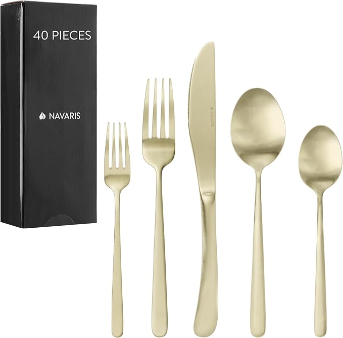 Navaris Silverware Set - 40-Piece 18/0 Stainless Steel Kitchen Cutlery Sets with Satin Champagne Finish - Versatile Dinner Knives and Forks and Spoons Dinner Set for 8 People