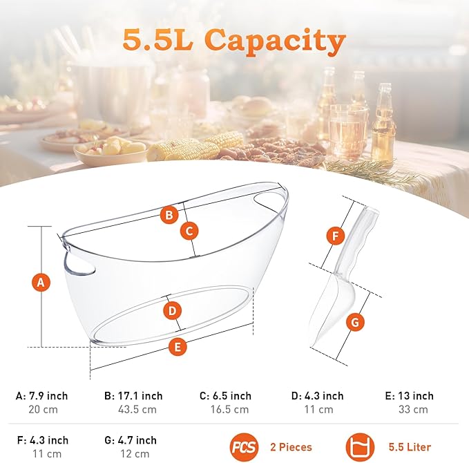 Ice Bucket for Parties, 2PCS Clear Acrylic Drink Buckets with Scoop & Metal Wine Bottle Opener, 5.5L Large Champagne Bucket Tub for Wine, Beer, Cocktail Bar & Mimosa Bar Supplies Cooler