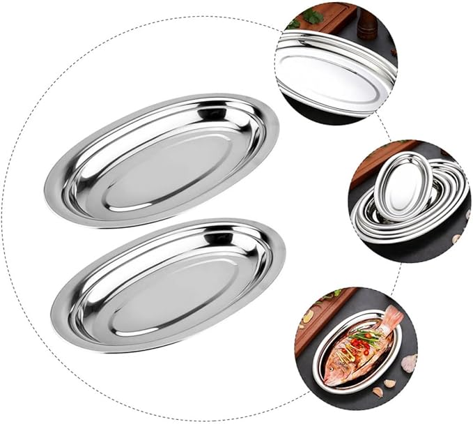 2Pcs Stainless Steel Oval Plates for Steaming Fish and Snacks Home Snack Dish Easy to Clean Restaurant Pastry Plate Silver Serving Tray