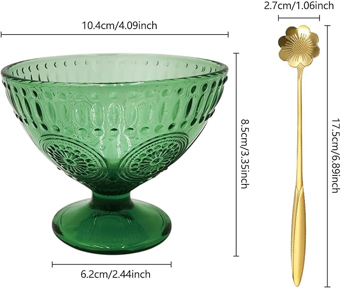 6PCs Set Small Cute Footed Embossed Glass Dessert Bowls for Dessert, Sundae, Ice Cream, Fruit, Salad, Snack, Cocktail, Condiment 7.44oz with 6 Pcs Flower Spoons