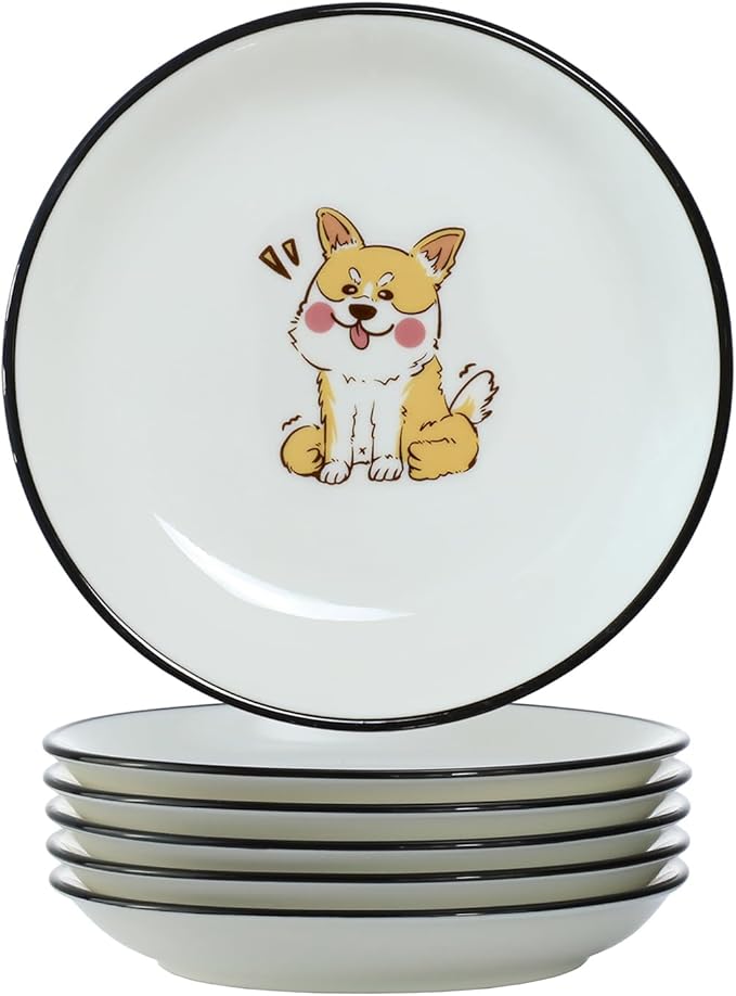 SOCOSY Super Cute Cartoon Animals Ceramic Sauce Dishes, Seasoning Dishes, Little Cat Dog Bird Feeding Bowls, Sushi Soy Dipping Bowls, Appetizer Plates, Dessert Plates, Set of 6-Cartoon Dog-5 Inch